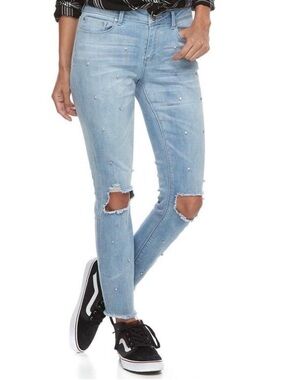 Indigo Rein Light Wash Midrise Ankle Rhinestone Ripped Skinny Jeans | Size 5